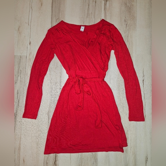 Old Navy Red Jersey Wrap Dress XS Rayon V-Neck Tie Waist Long Sleeve Fit & Flare - Picture 2 of 13